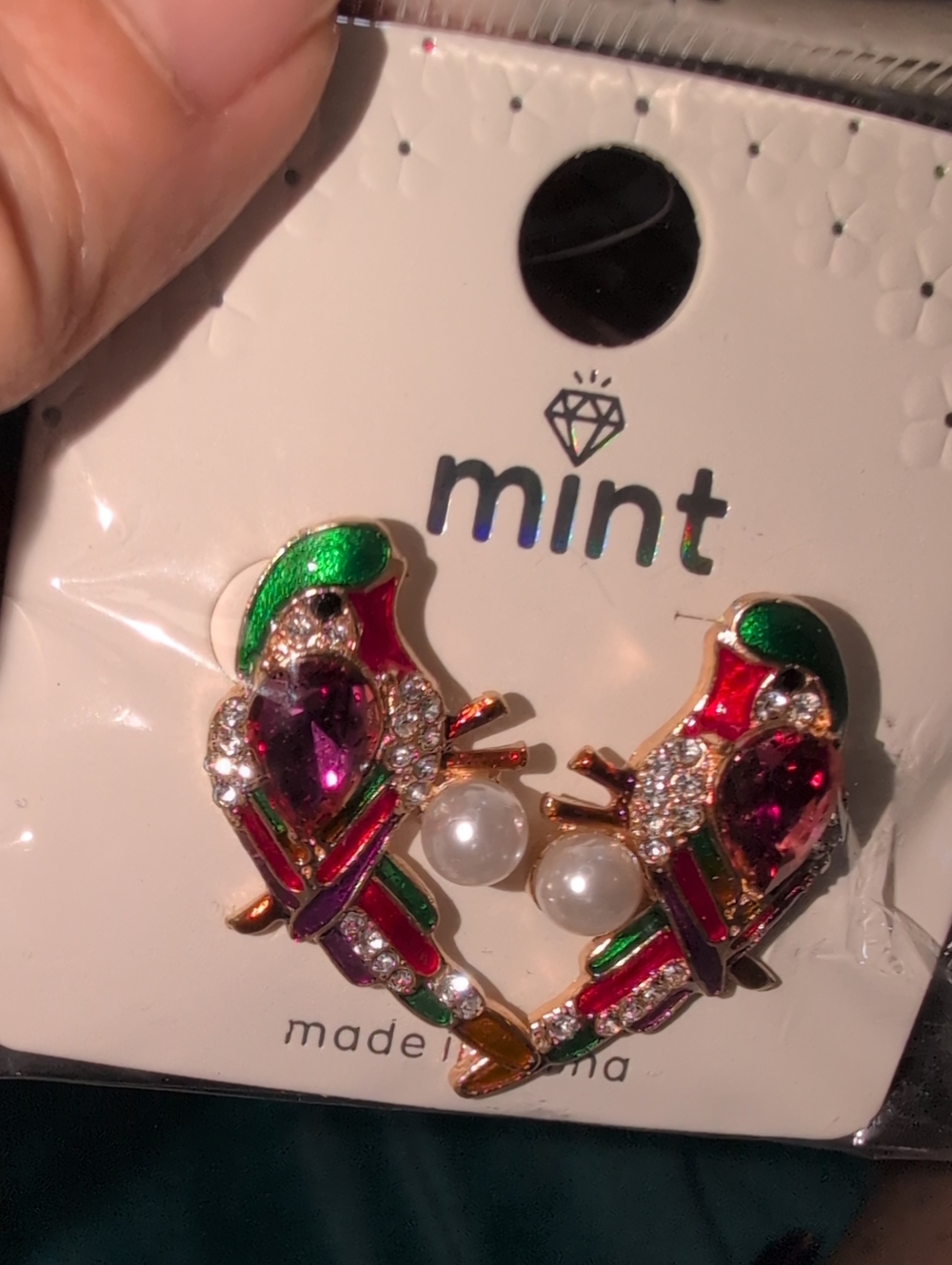 Mint Parrot Stud Earrings Pierced with Pink Stones and Green Enamel